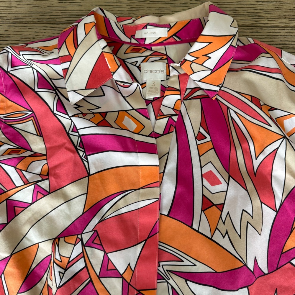 Chicos No-Iron Abstract Geometric Button Down Shirt Pink Orange 3/4 Sleeve 3 XL - Picture 4 of 12